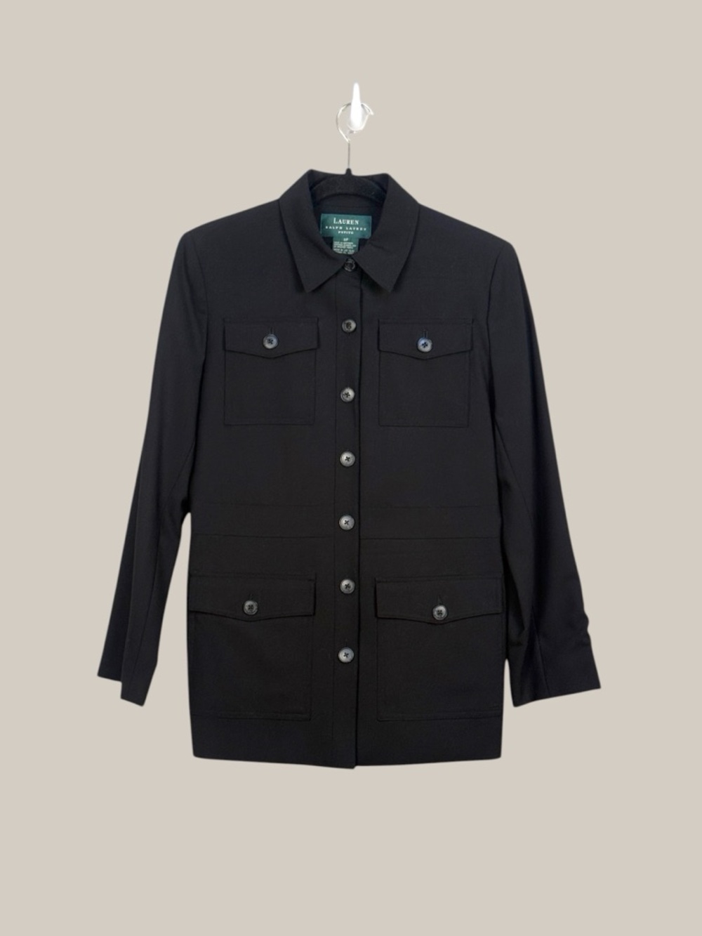 Lauren Ralph Lauren Petite Black Utility Jacket Size 8P Wool Lightweight Pockets